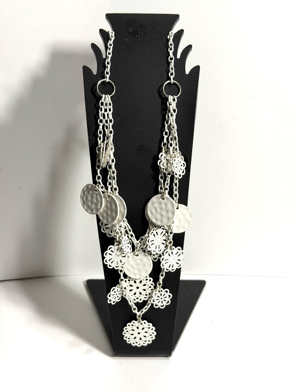 Hammered & Filigree White Disc & Chain Necklace Layered Feminine Ethereal